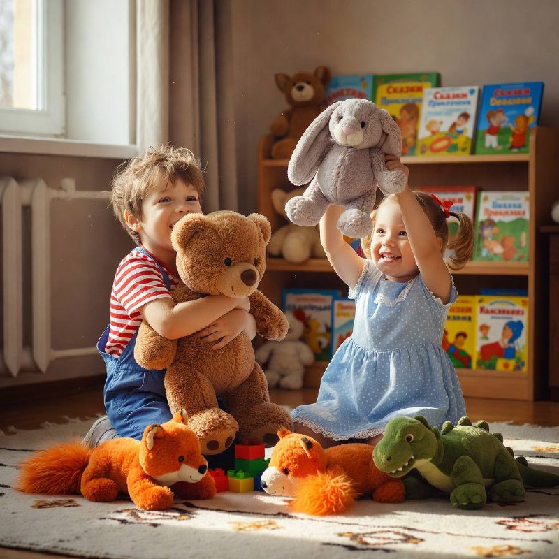 Дети играют с мягкими игрушками дома — как найти няню для ребёнка в Москве
